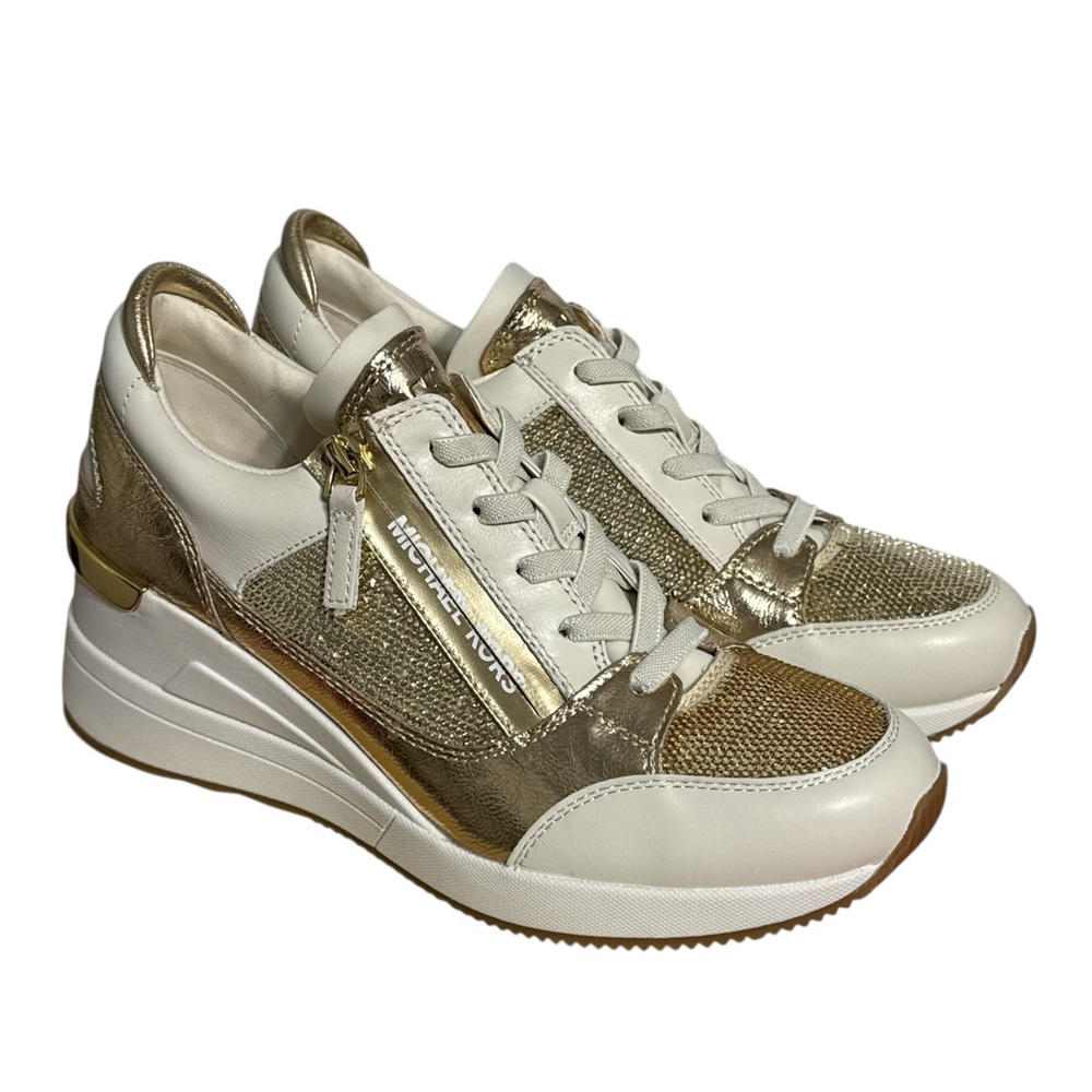 🎄🎁Michael  Kors Darby Wedge Gold and White Women's Sneakers